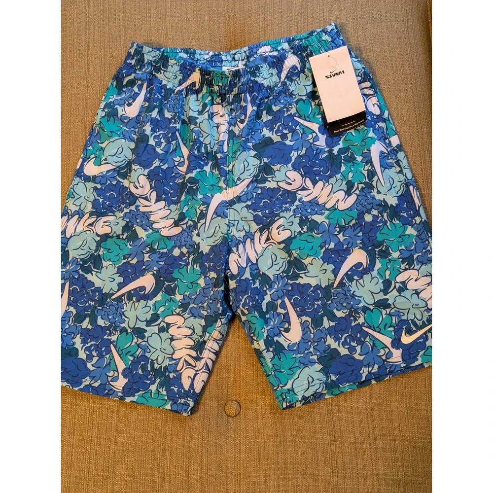 NWT Nike Boys XL Swim Trunks Blue Floral Swoosh Board Shorts (MSRP $50)